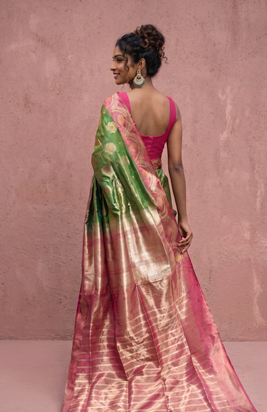 Green Banaras Katan Tissue Silk Saree with Floral Patterns
