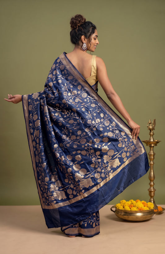 Navy Blue Banaras Katan Silk Saree with Floral Jaal