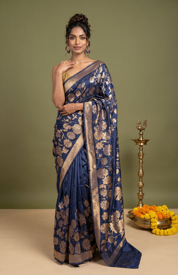 Navy Blue Banaras Katan Silk Saree with Floral Jaal