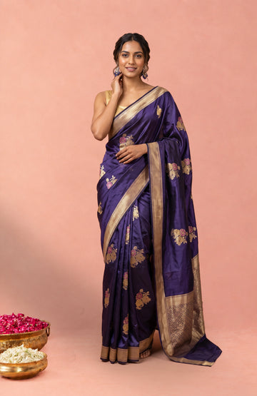 Navy Blue Banaras Katan Silk Saree with Zari Floral Motifs