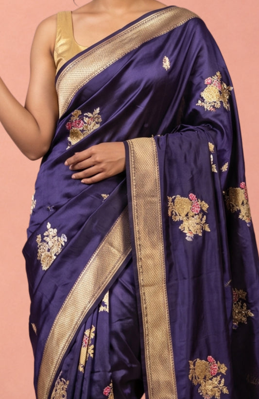 Navy Blue Banaras Katan Silk Saree with Zari Floral Motifs