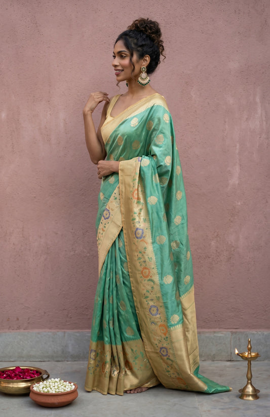 Sea Green Banaras Katan Silk Saree with Floral Butta