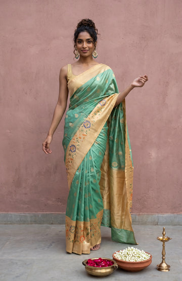 Sea Green Banaras Katan Silk Saree with Floral Butta