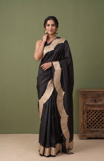 Black Banaras Katan Silk Saree with Gold Zari Waves