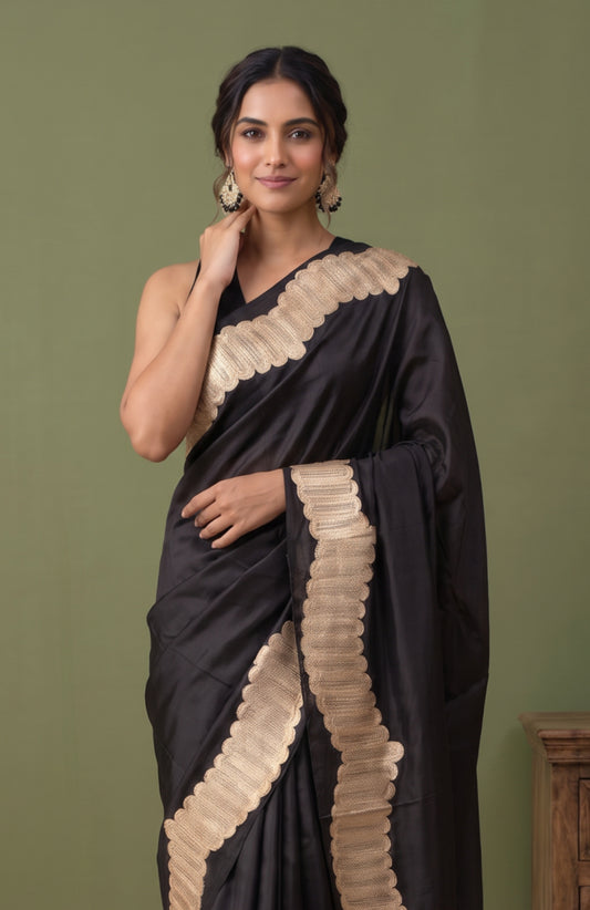Black Banaras Katan Silk Saree with Gold Zari Waves