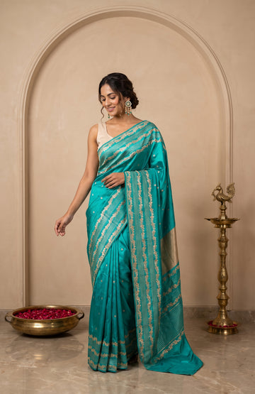 Sea Green Banaras Katan Silk Saree with Floral Butta