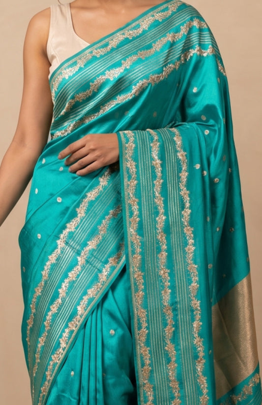 Sea Green Banaras Katan Silk Saree with Floral Butta