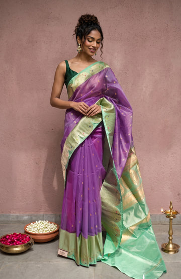 Lavender Kora Silk Saree with Flower Butta