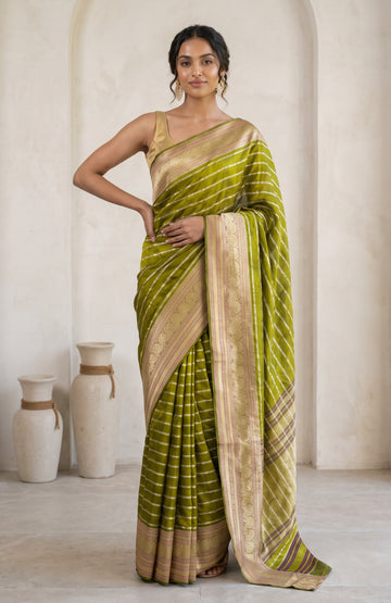 Mehendi Green Mashru Silk Saree with Gold & Silver Zari Stripes