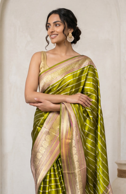 Mehendi Green Mashru Silk Saree with Gold & Silver Zari Stripes