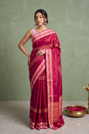Maroon Mashru Silk Saree with Pink Contrast Border