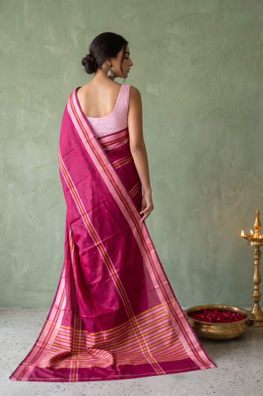 Maroon Mashru Silk Saree with Pink Contrast Border