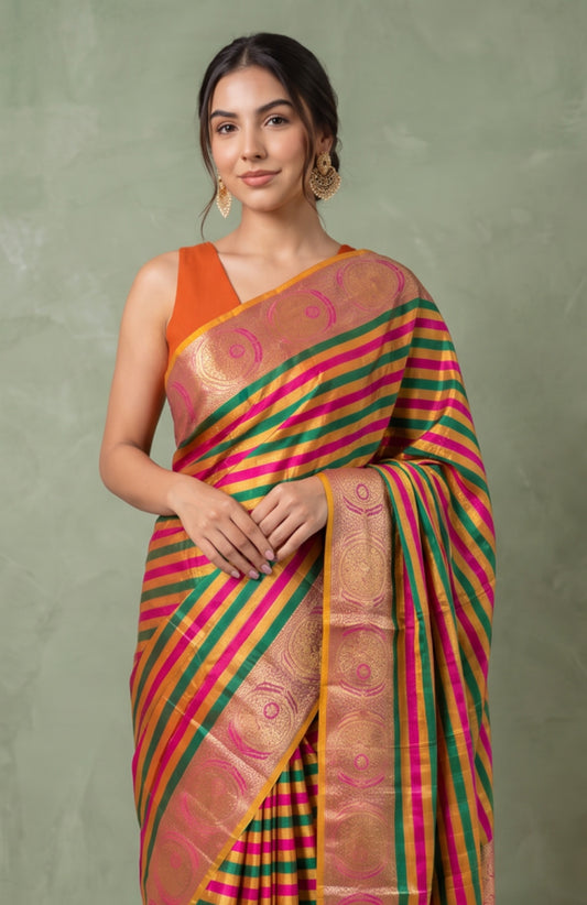 Multicolour Mashru Silk Saree with Lavender Floral Embroidered Border