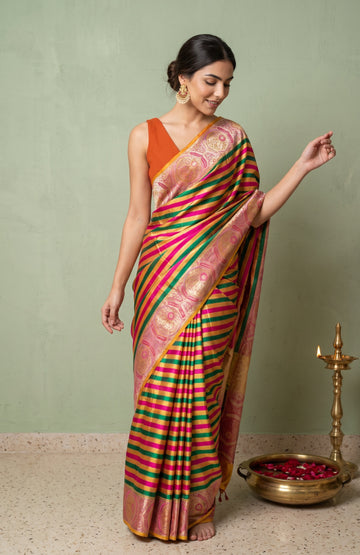 Multicolour Mashru Silk Saree with Lavender Floral Embroidered Border