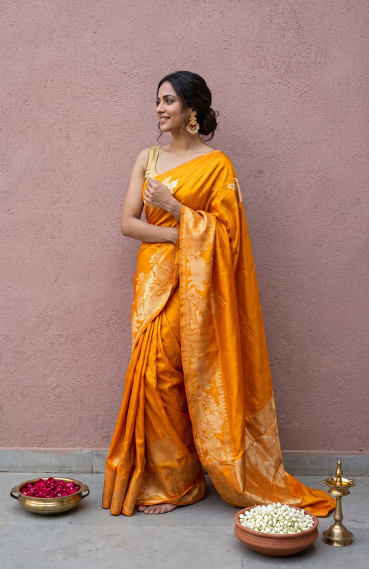 Mustard Mashru Silk Saree with Tree Motifs