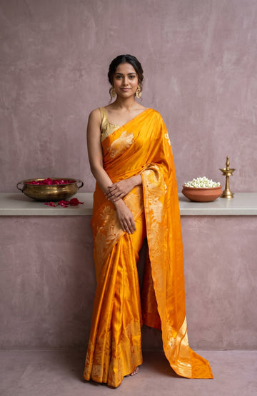 Mustard Mashru Silk Saree with Tree Motifs