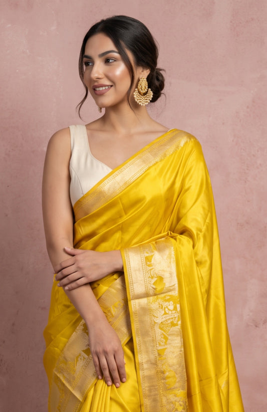 Mehendi Green Mashru Silk Saree with Gold & Silver Zari Cow Motifs