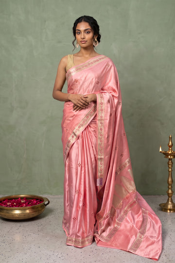 Light Pink Mashru Silk Saree with Floral Buttas