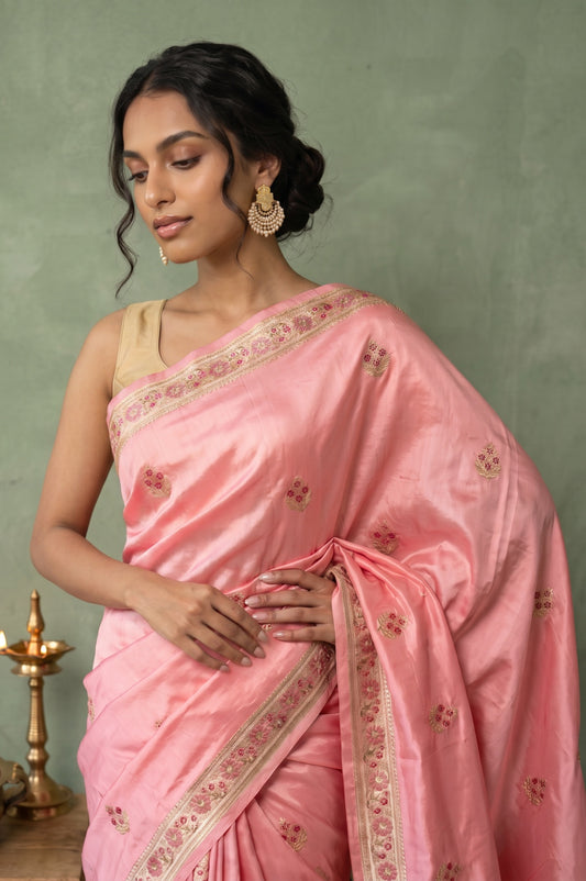 Light Pink Mashru Silk Saree with Floral Buttas