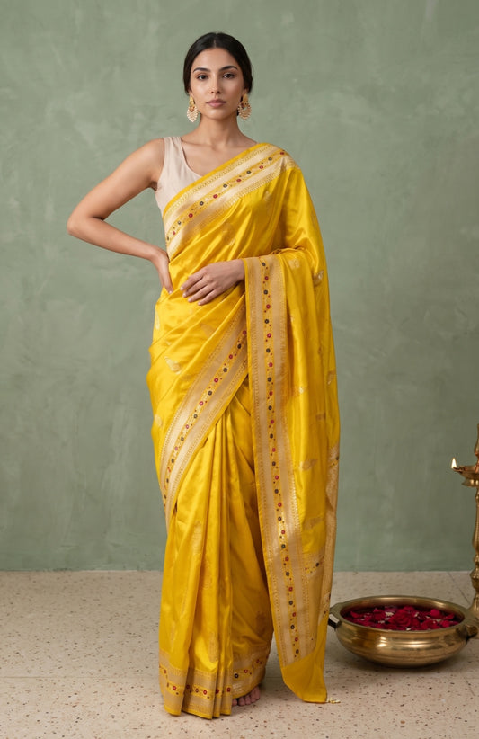Neon Yellow Mashru Silk Saree with Floral & Butterfly Motifs