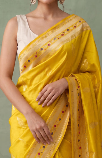 Neon Yellow Mashru Silk Saree with Floral & Butterfly Motifs