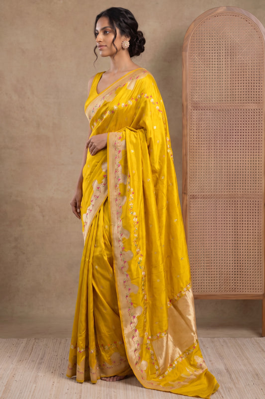 Mehendi Green Mashru Silk Saree with Flower Buttas