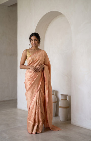 Pink Banaras Katan Silk Saree with Gold Zari Floral Creeper