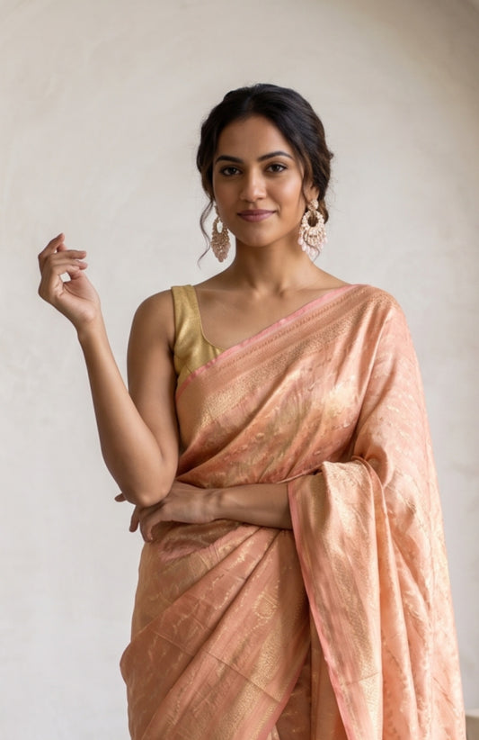 Pink Banaras Katan Silk Saree with Gold Zari Floral Creeper