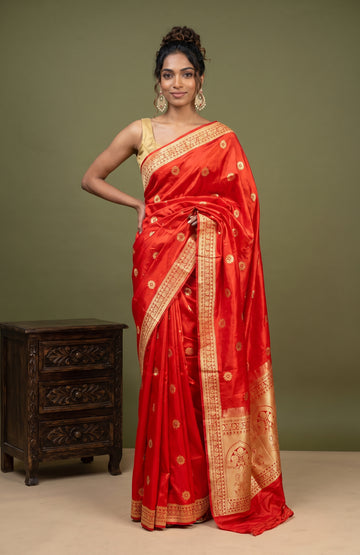 Red Banaras Silk Saree with Gold Zari Border