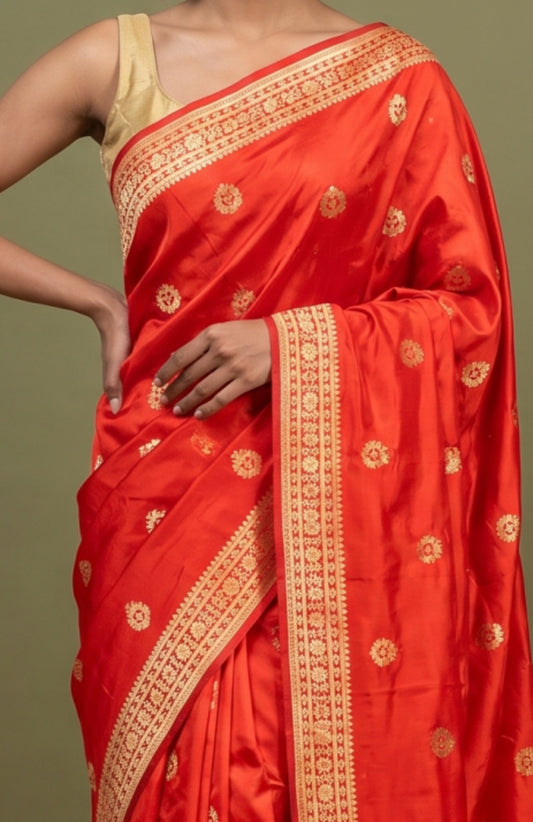 Red Banaras Silk Saree with Gold Zari Border