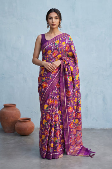 Violet Patan Patola Silk Saree with All-Over Floral Jaal