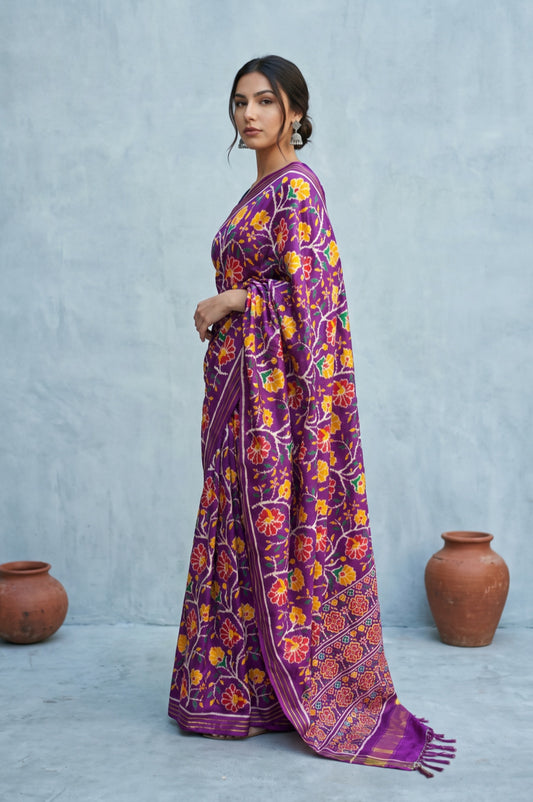 Violet Patan Patola Silk Saree with All-Over Floral Jaal