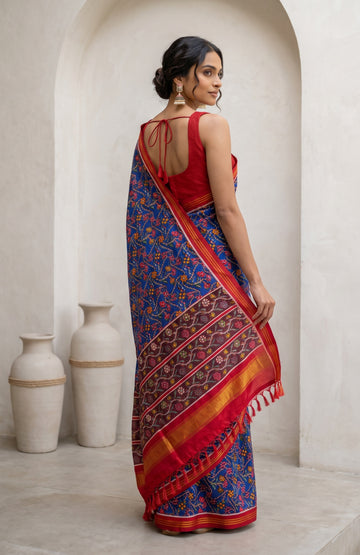 Blue Patan Patola Silk Saree with Floral Jaal Design