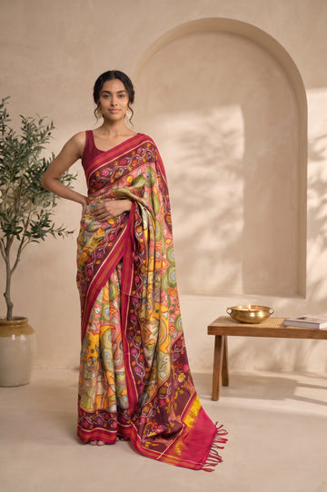 Peach Kalamkari Patan Patola Silk Saree with Floral Border