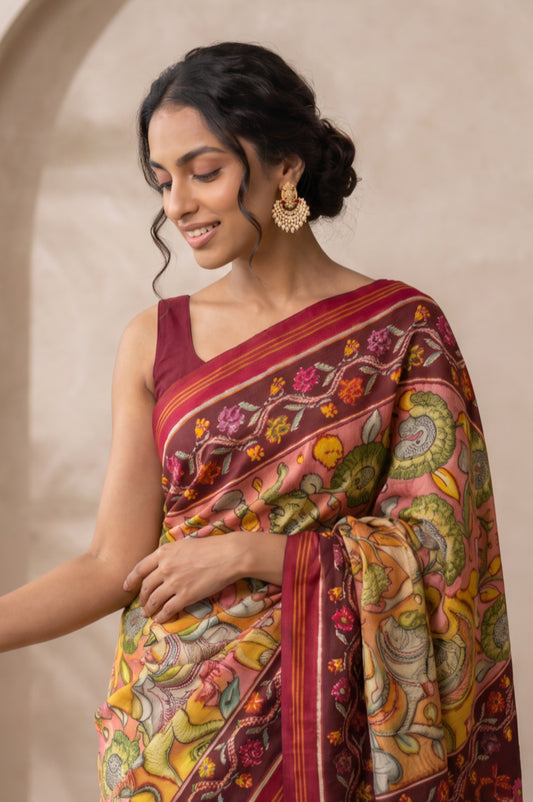 Peach Kalamkari Patan Patola Silk Saree with Floral Border