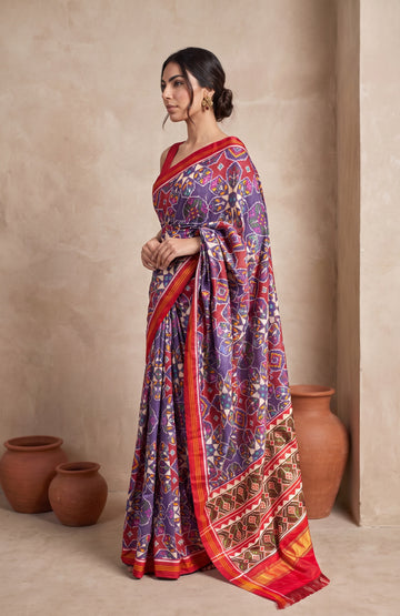 Purple Patan Patola Silk Saree with Floral Motifs