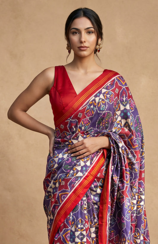 Purple Patan Patola Silk Saree with Floral Motifs