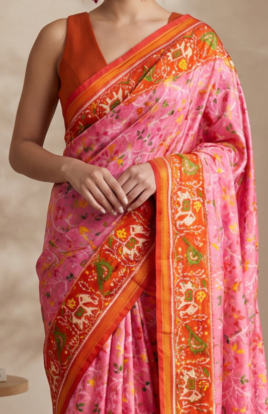 Light Pink Patan Patola Silk Saree with Contrast Red Border