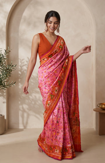 Light Pink Patan Patola Silk Saree with Contrast Red Border