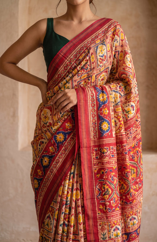Multicolour Patan Patola Silk Saree with Maroon Kaddi Border