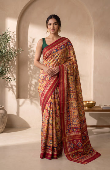 Multicolour Patan Patola Silk Saree with Maroon Kaddi Border