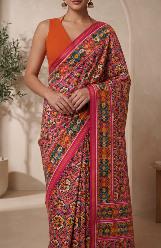 Pink Patan Patola Silk Saree with Geometric Kaddi Border