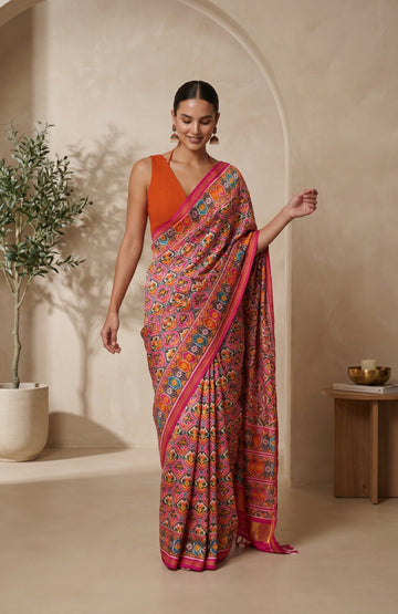 Pink Patan Patola Silk Saree with Geometric Kaddi Border