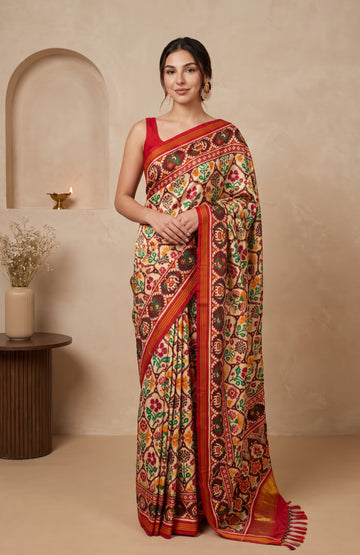 Light Cream Patan Patola Silk Saree with Allover Jaal