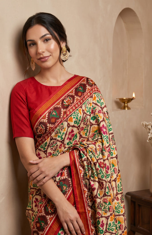 Light Cream Patan Patola Silk Saree with Allover Jaal