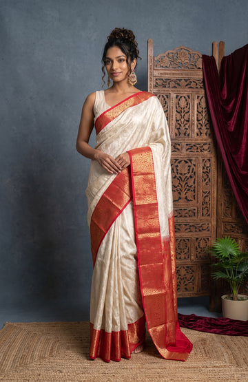 Off White Kanchipuram Silk Saree with Red Jaal Border