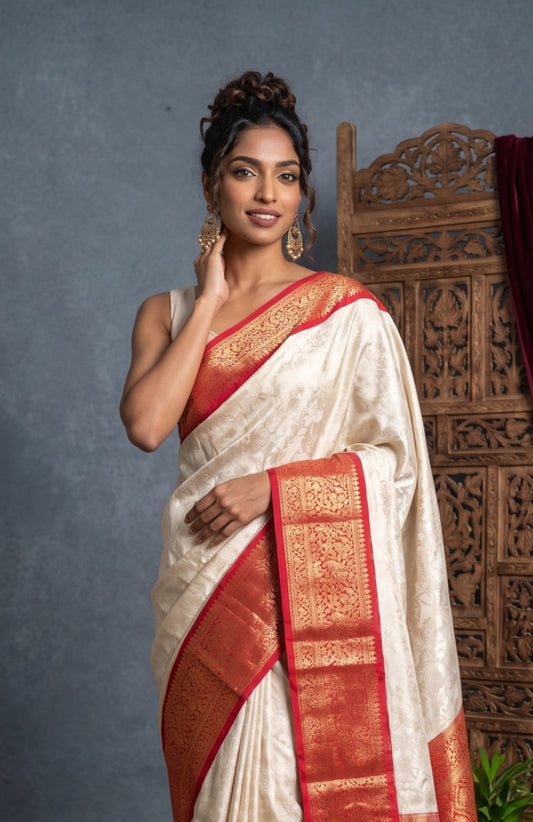 Off White Kanchipuram Silk Saree with Red Jaal Border