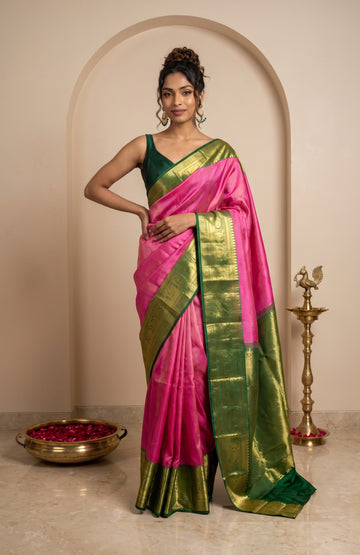 Pink Kanchipuram Saree with Floral Creeper Border