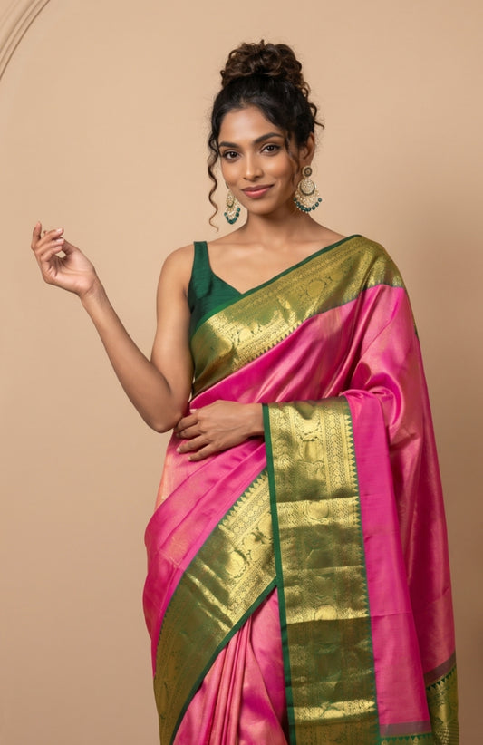 Pink Kanchipuram Saree with Floral Creeper Border