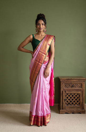 Pink Soft Silk Saree with Zari Stripes